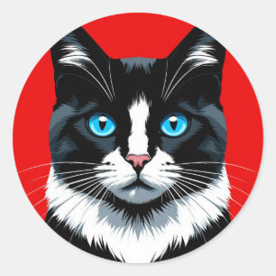 Pegatina Redonda Gato Blanco y Negro Ojos Azules 🐱 Felino Vibrante