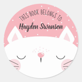 Pegatina Redonda Gato blanco y rosa | Este Libro Pertenece A