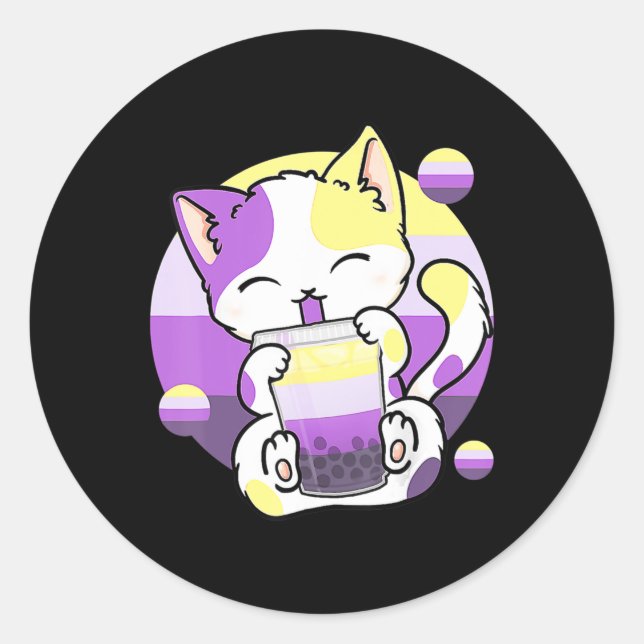 Pegatina Redonda Gato Boba Tea Bubble Tea Anime Kawaii Neko Kids Gi (Anverso)