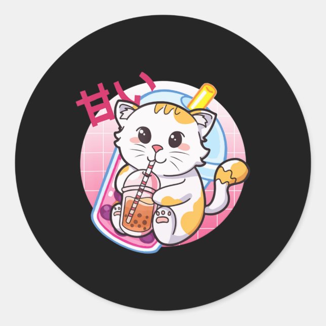 Pegatina Redonda Gato Boba Tea Bubble Tea Cat Lover Anime Kawaii Ne (Anverso)