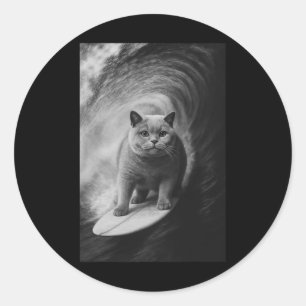 Pegatina Redonda Gato británico de pelo corto divertido surfeando s