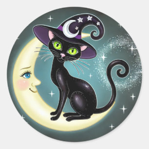 Pegatina Redonda Gato Bruja en Luna Creciente Halloween Wiccan Wicc