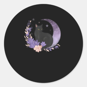 Pegatina Redonda Gato Bruja Flores Luna Goth Pastel Goblincore