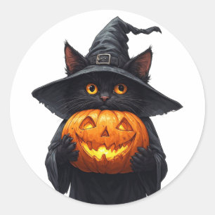Pegatina Redonda Gato Bruja Negro Lindo Sosteniendo Calabaza Brilla