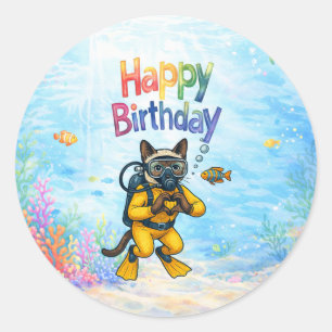 Pegatina Redonda Gato buzo cumpleaños tema submarino