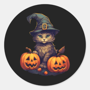 Pegatina Redonda Gato Calabaza Halloween Gato Negro Disfraz Hombres