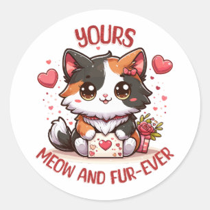 Pegatina Redonda Gato Calico Adorable Día de San Valentín 