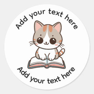 Pegatina Redonda Gato Calico Lindo Leyendo Un Libro Personalizado