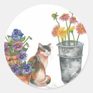 Pegatina Redonda Gato Calico Pansies Daisies Acuarela "Don Juan"