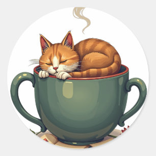 Pegatina Redonda Gato Cansado Adicto al Café Molinillo Mañana Pegat
