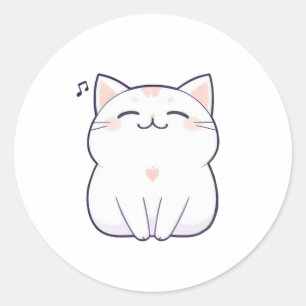 Pegatina Redonda Gato Cantando con Nota Musical Diseño Kawaii
