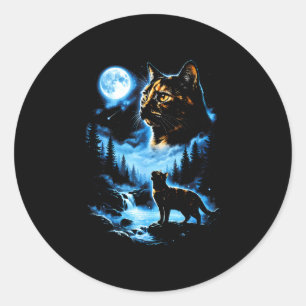 Pegatina Redonda Gato caparazón de tortuga luna llena bosque místic