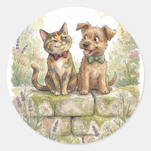 Pegatina Redonda Gato caprichoso y arte de jardín de perro Tortuga