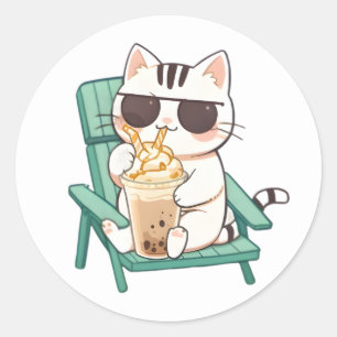 Pegatina Redonda Gato Chibi Kawaii con Gafas de Sol Bebiendo Frappè