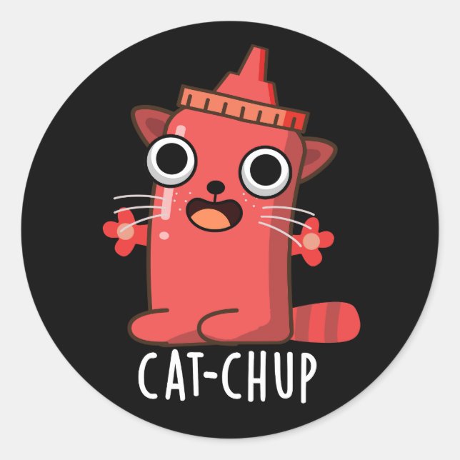 Pegatina Redonda Gato-chup Gracioso Ketchup Pun Dark BG (Anverso)