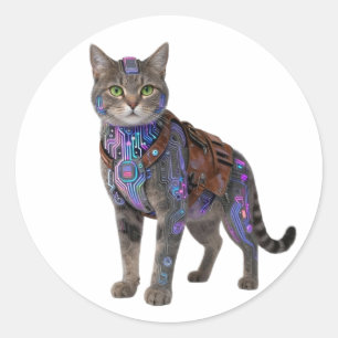 Pegatina Redonda Gato Circuito Cyberpunk – Bestia Tech Neon
