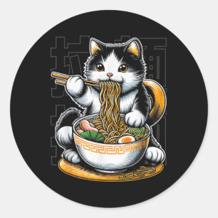 Pegatina Redonda Gato comiendo comida de Ramen Gato Enamorado de fi