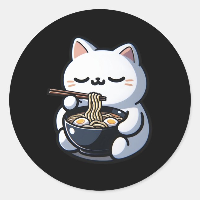 Pegatina Redonda Gato comiendo fideos de Ramen Kawaii Anime Cortado (Anverso)