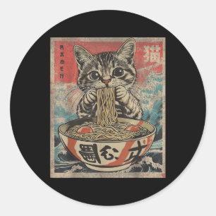 Pegatina Redonda Gato comiendo fideos de Ramen Kawaii Anime Manga J