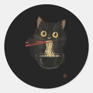 Pegatina Redonda Gato comiendo ramen divertido japonés kawaii gato