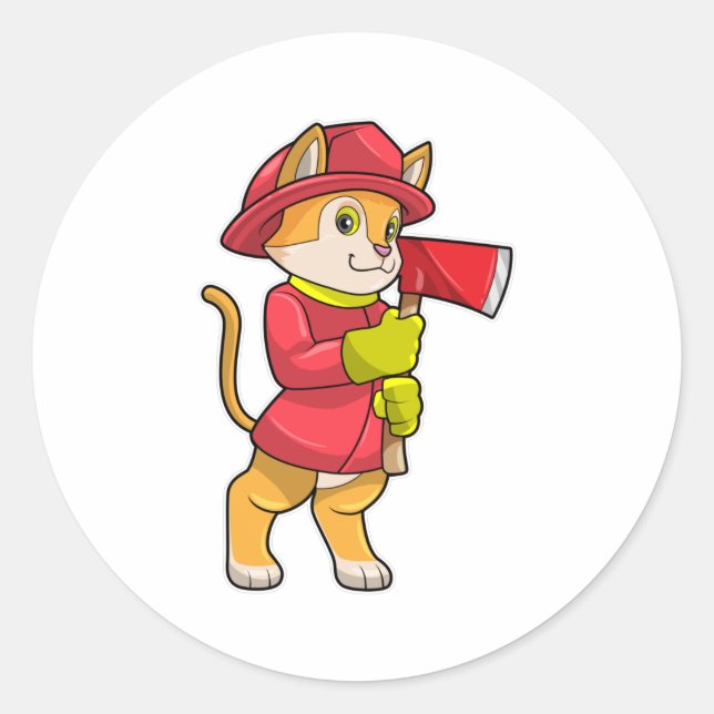 Pegatina Redonda Gato como bombero con hacha (Anverso)