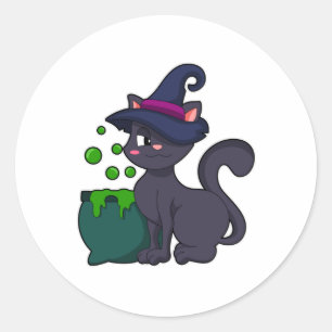 Pegatina Redonda Gato como bruja con Cauldron