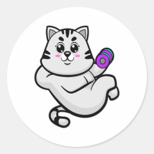 Pegatina Redonda Gato como culturista con dumbbell