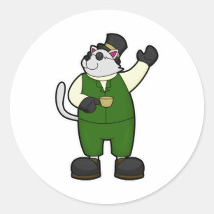 Pegatina Redonda Gato como Groom con café y Gorra