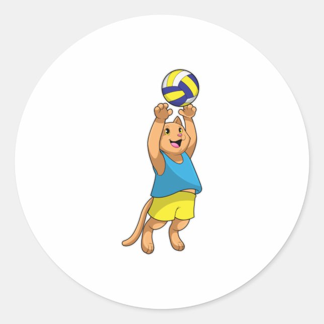 Pegatina Redonda Gato como jugador de voleibol con voleibol (Anverso)