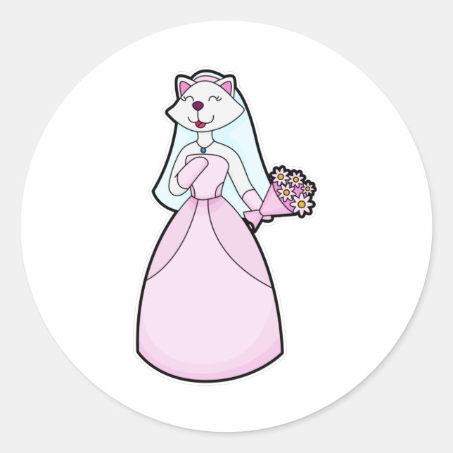 Pegatina Redonda Gato como novia con manto de flores (Anverso)