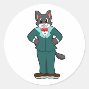 Pegatina Redonda Gato como novio con traje y cinta