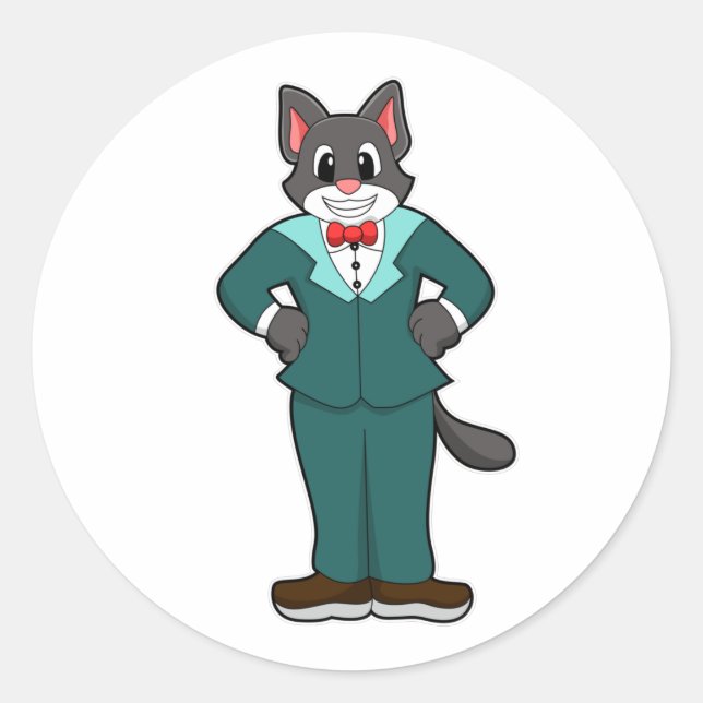 Pegatina Redonda Gato como novio con traje y lazo (Anverso)