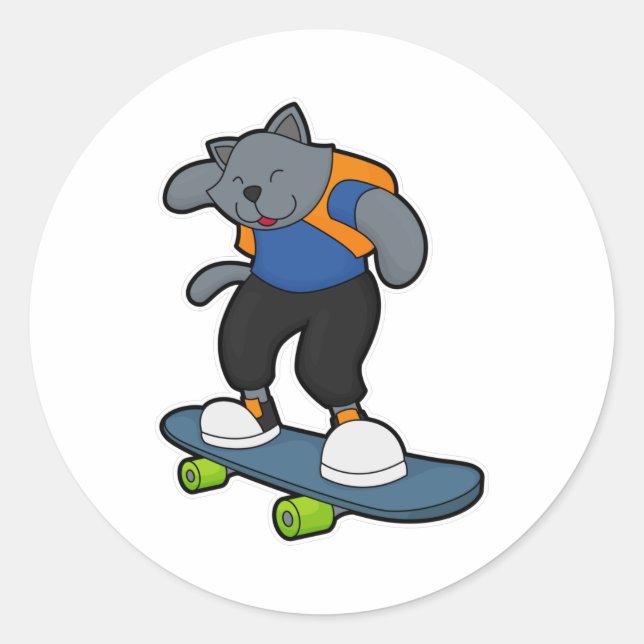 Pegatina Redonda Gato como Skateboarder con Skateboard (Anverso)