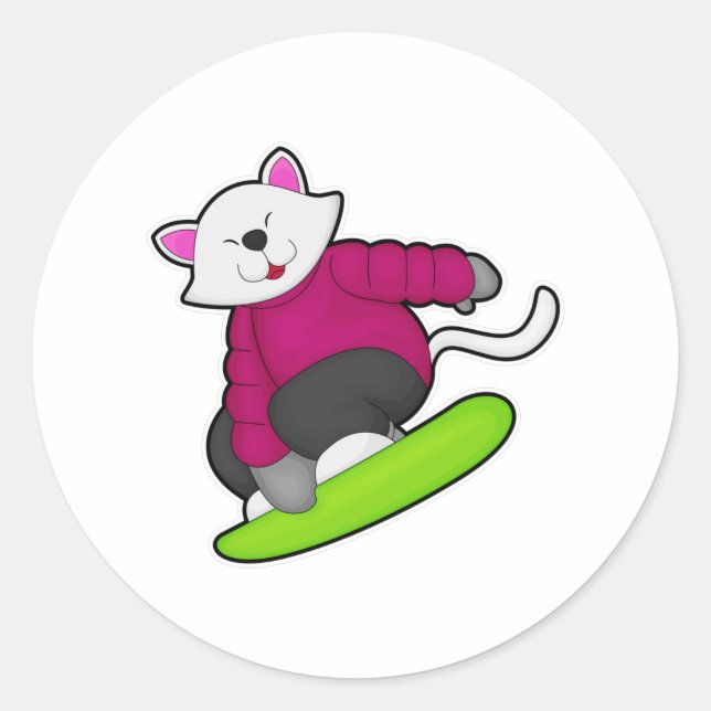 Pegatina Redonda Gato como snowboarder con Snowboard (Anverso)