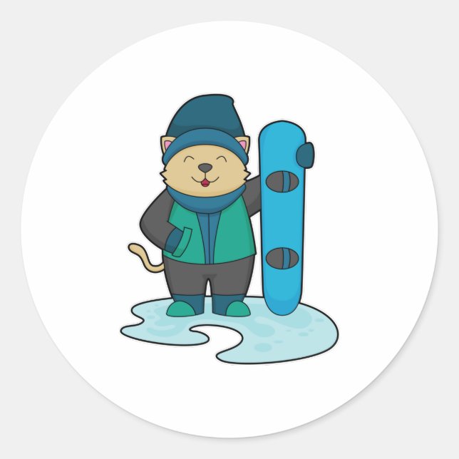 Pegatina Redonda Gato como snowboarder con Snowboard (Anverso)