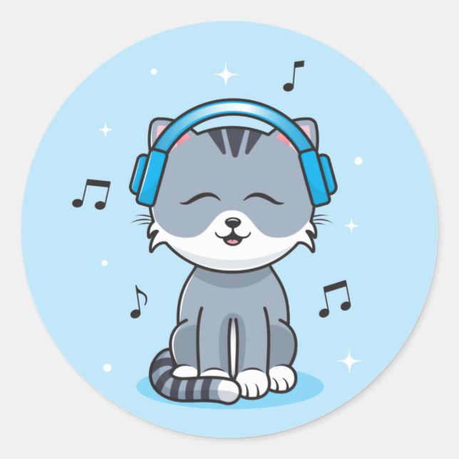 Pegatina Redonda Gato con Auriculares / Stickers (Anverso)