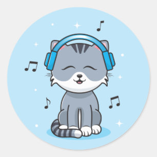 Pegatina Redonda Gato con Auriculares / Stickers