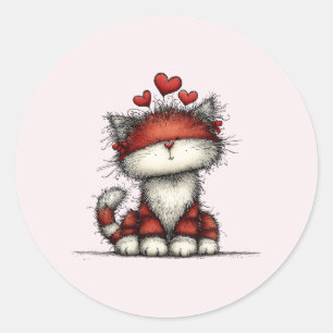 Pegatina Redonda Gato con Corazones de Amor Rojo Divertido y Lindo