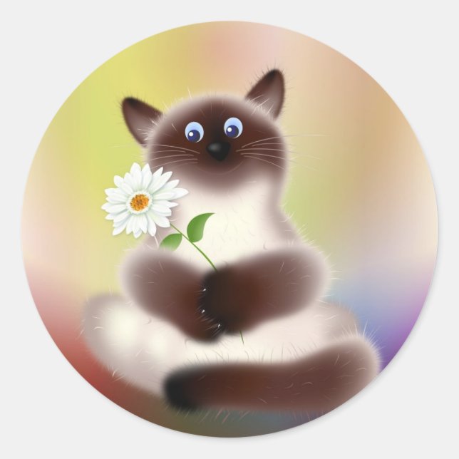Pegatina Redonda Gato con flor (Anverso)