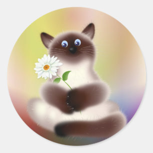 Pegatina Redonda Gato con flor