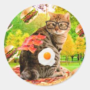 Pegatina Redonda Gato con gafas y comida rápida