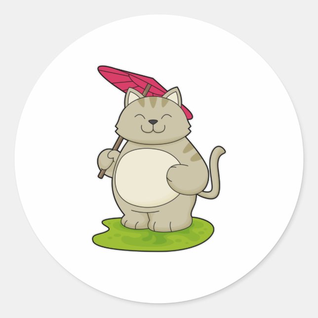 Pegatina Redonda Gato con paraguas (Anverso)