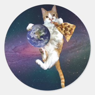 Pegatina Redonda Gato con planeta y pizza