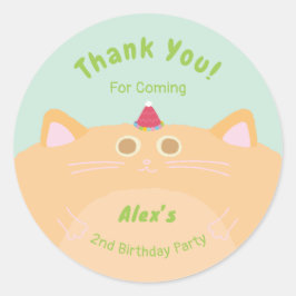 Pegatina Redonda Gato con Sombrero de Fiesta Cumpleaños Verde Menta