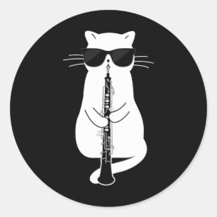 Pegatina Redonda Gato Con Sombrillas Jugando A Oboe