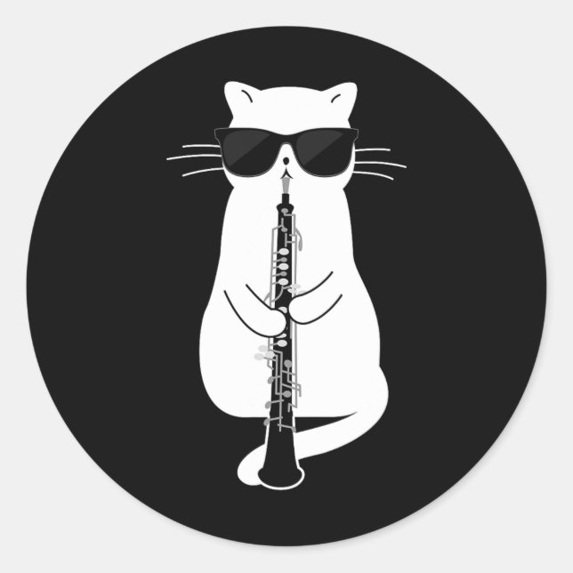 Pegatina Redonda Gato Con Sombrillas Jugando A Oboe (Anverso)
