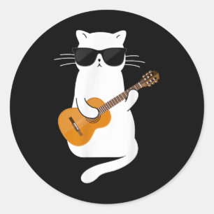 Pegatina Redonda Gato Con Sombrillas Jugando Guitarista De Guitarra