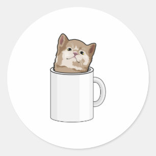 Pegatina Redonda Gato con tazón de café