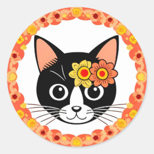 Pegatina Redonda Gato con tocado floral rodeado de decoración