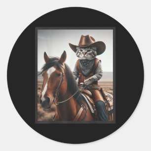 Pegatina Redonda Gato Cowboy Funny Cats Kitten Riendo Vaquero De Ca